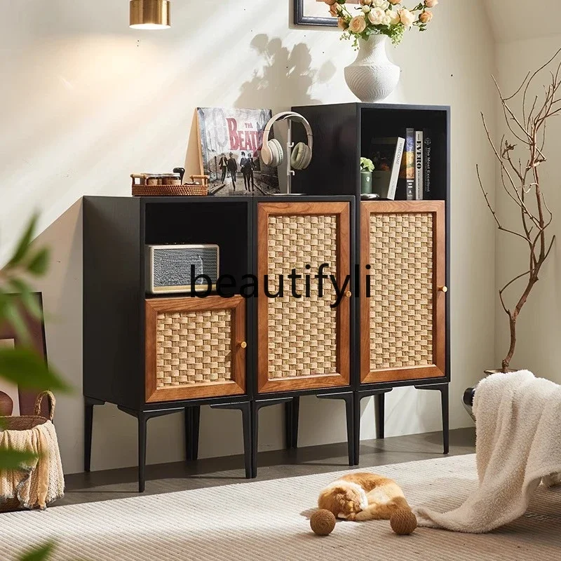 

X Solid Wood Rattan Three-Drawer High-Low Combination Cabinet Storage Small Book Entryway Cabinet