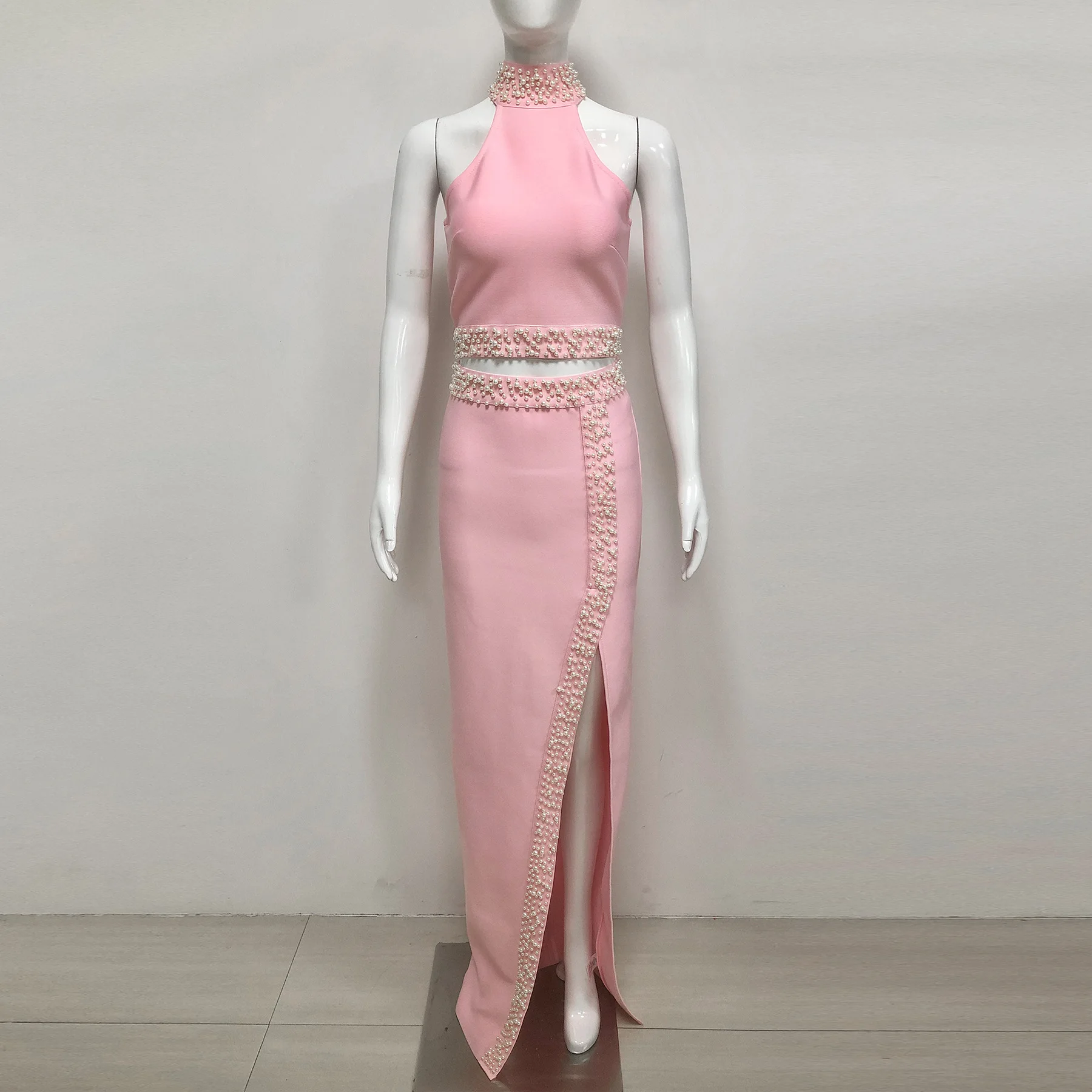 

Women Pink Bandage Outfits Knitted Pearls Studded Crop Top And Long Open Leg Skirt Tw Piece Sets Birthday Evening Party Outfits