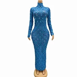Women Sexy Stage Sparkly Crystals Sequins Mesh Long Dress Evening Prom Party Birthday Dress Mesh Transparent Photoshoot Wear
