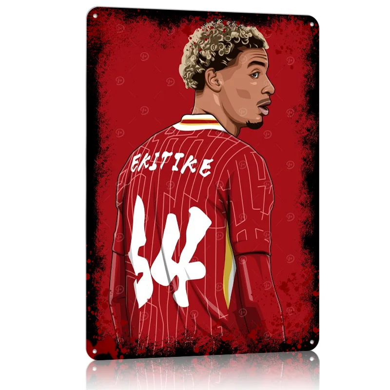 Póster con impresión de aluminio de fútbol de Hugo Ekitike, decoración para habitación en casa, carteles de Metal personalizados para decoración artística de pared Retro