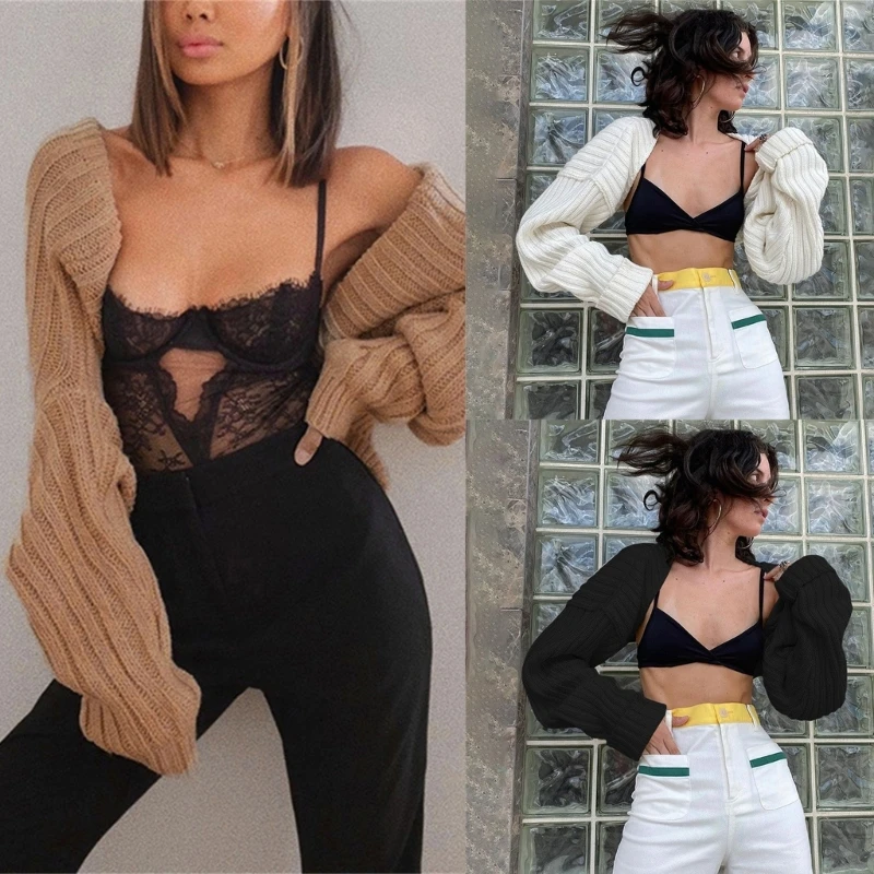 

Women Long Sleeve Open Front Crop Tops Cropped Boleros Shrug Cardigan Sweater Dropship