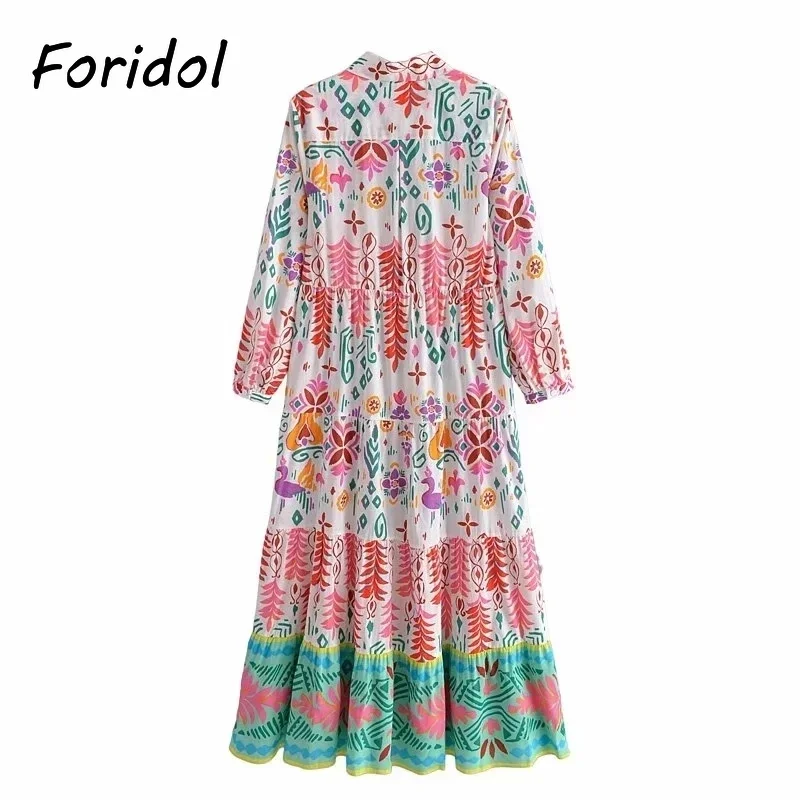 Foridol Casual Boho Overhemdjurk Met Bloemenprint Maxi Lange Herfst Winter Jurk Met Lange Mouwen 2024 Jurk Met Knoop