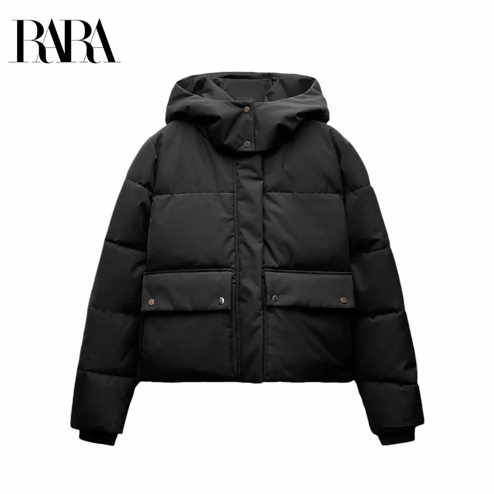 

2024 RARA winter new women's clothing flap large pockets long-sleeved hooded cotton jacket coat commuting thick