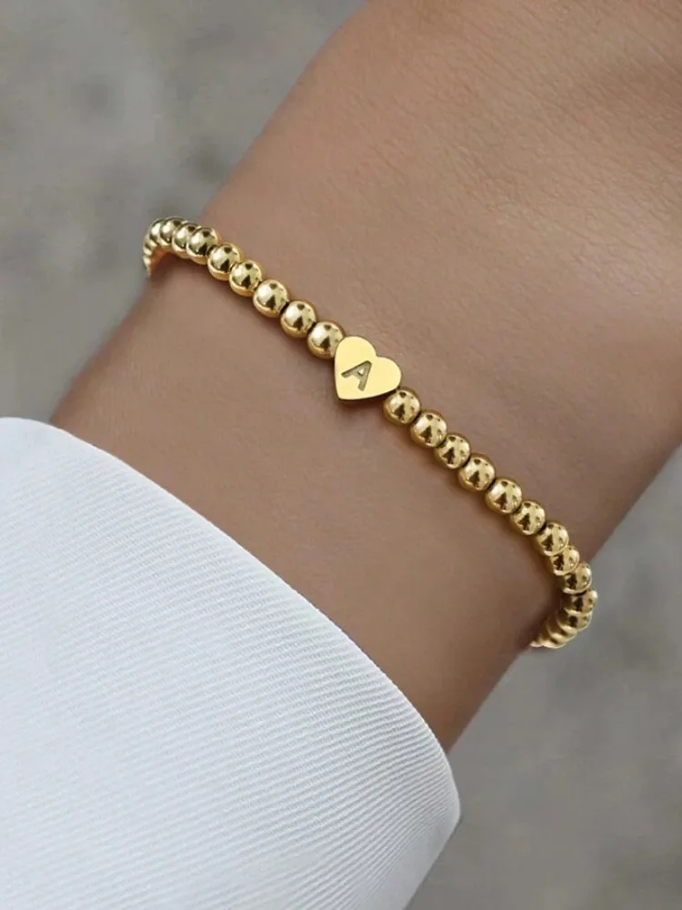 26-Buchstaben-Anfangs-Anhänger in A-Z, vergoldeter Edelstahl, Perlenarmband, Strang, Stretch, Damenschmuck, verstellbares Geschenk – Detail 7