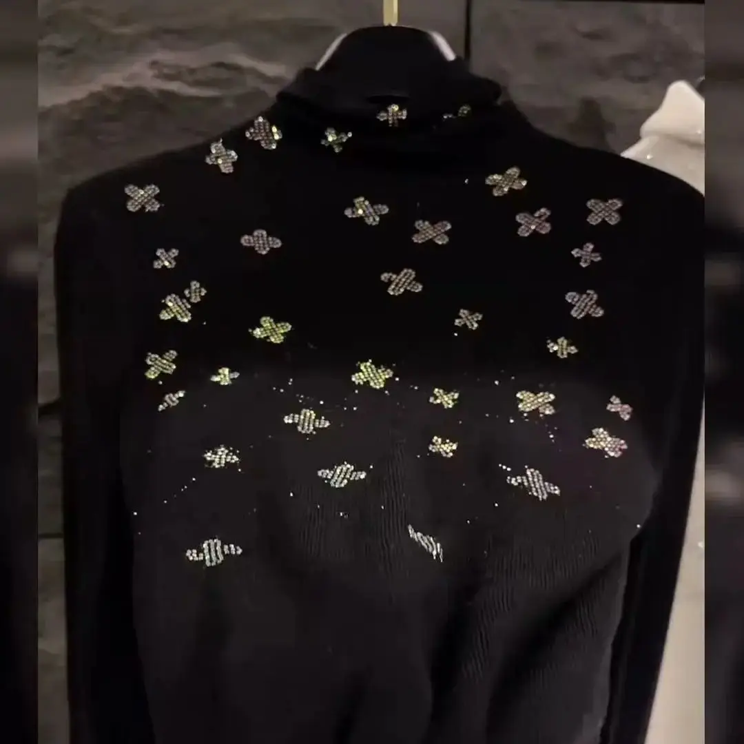 

Роскошный стиль с бриллиантами, водолазка с горячим сверлением, облегающий черный свитер для женщин, осенне-зимний трикотаж, пуловеры, женская одежда