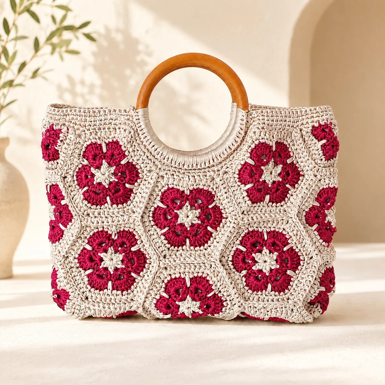 Boho Woven Straw Beach Bag for Women Vintage Hexagon Flower Knit Top-Handle Purse Summer Vacation Travel Shoulder Shopping