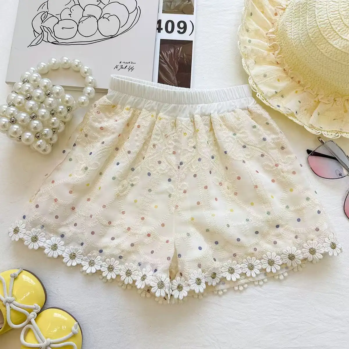 

New Arrival Toddler Girl Embroidered Lace Collar Vest Suit Frill Edge Casual Shorts Children Fashion Princess Ensemble 90-150CM