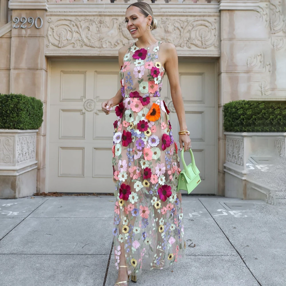 Bloemen Tule Geborduurde Jurk Recht Op Maat Gemaakt 3d Kleurrijke Daisy Bloemen Enkellengte Celebrity Halter Ronde Avondjurk