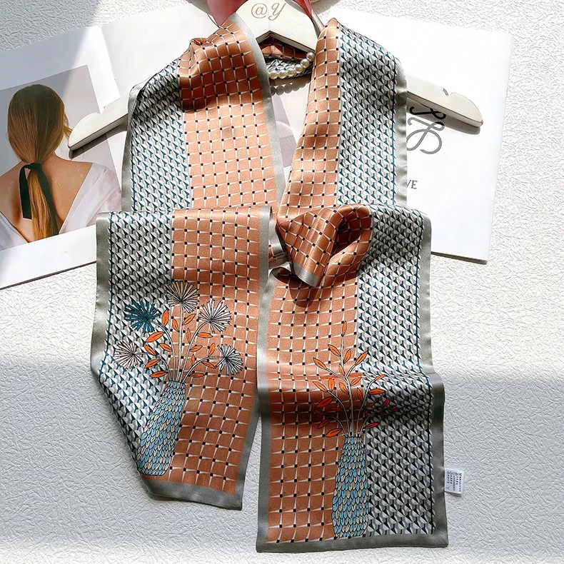 エレガントな両面ロングシルクスカーフ-レディース-マルベリーシルク-二層構造-韓国風-コントラストカラー-ヘッドスカーフ-夏用