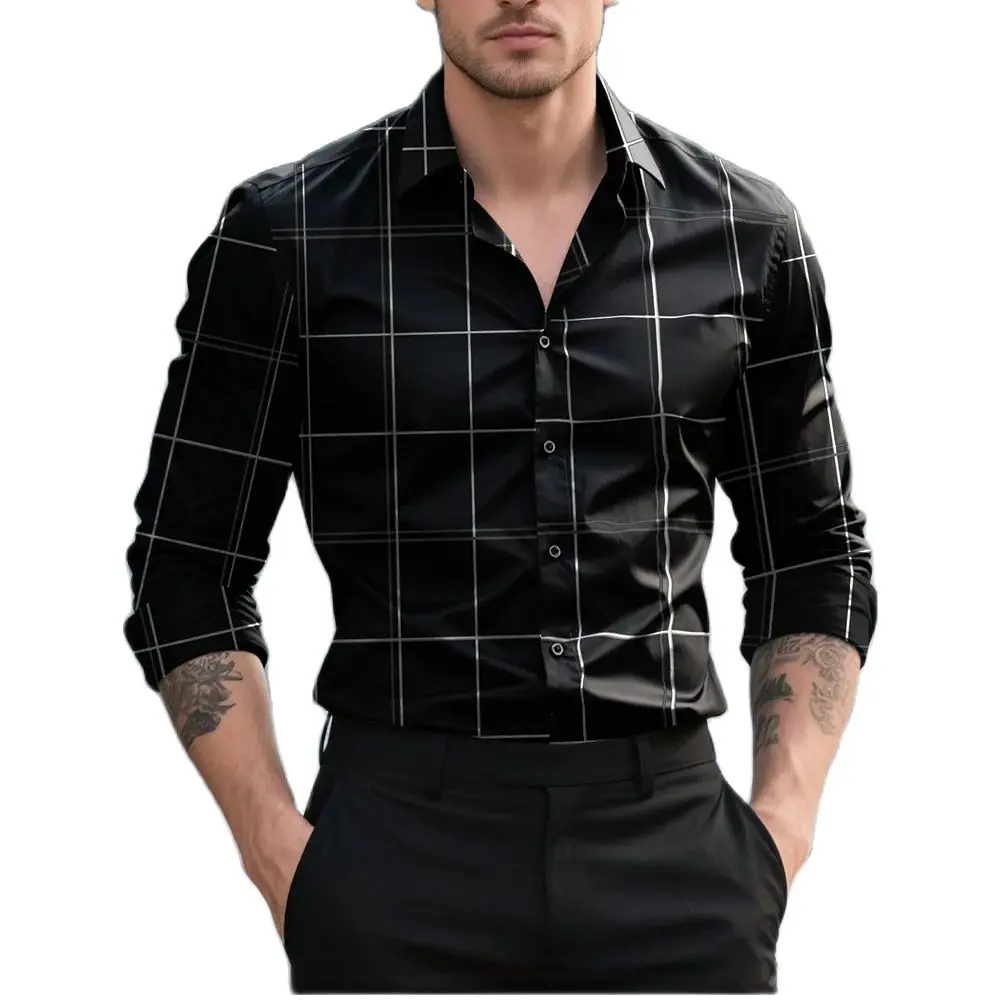 

2025 Men's New Black Shirts Fashion Four Season Business Long Sleeve Casual Male Elastic Plaid Shirt