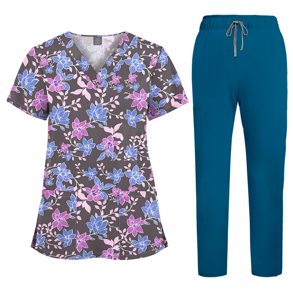For For Viaoli Medical Scrub Set Stylish Printed Top And Solid Scrub Pants Quick Dry Nursing Uniform For Hospital Staff