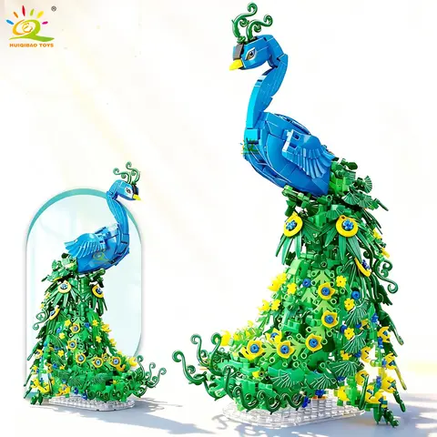 HUIQIBAO MOC Peacock Animal Model Building Block Bird Bricks Assembly Construction Toy For Children Kid DIY Home Desk Decoration