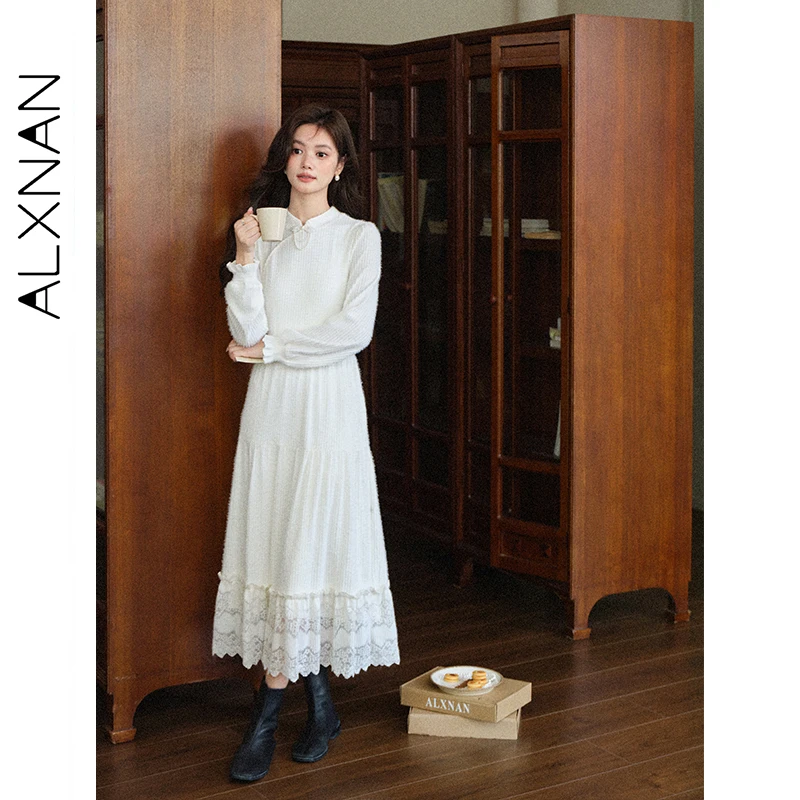 ALXNAN Lange Kleider, gestrickter Stoff, lange Ärmel, ausgehöhlte Spitze, Spleißen, weiche Eleganz, vielseitige Herbst-A-Linien-Kleider L57927