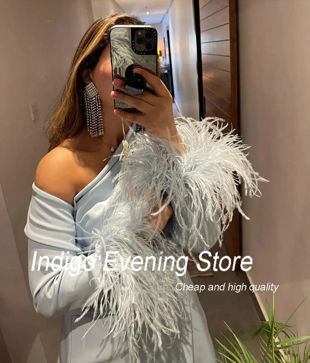 Indigo Evening Dresses One Shoulder A Line Tea-Length Feathers Formal Party Dress For Women 2024 Vestidos De Gala Mujer