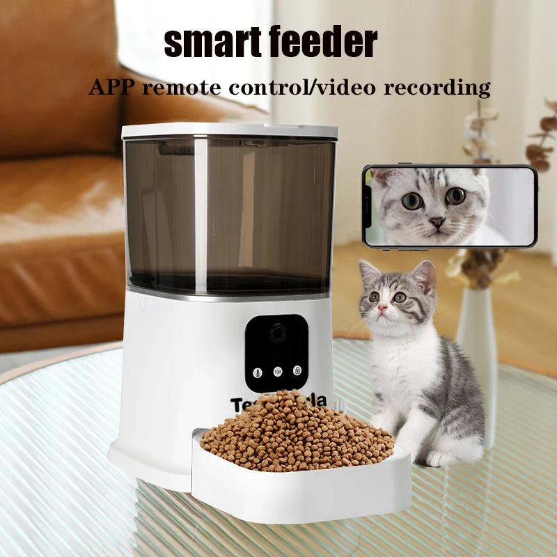 Teddykala Pet Smart Cat Feeder With HD Camera, 6L Dog Food Dispenser APP Remote Program Control, Dual Power Automatic Cat Feeder