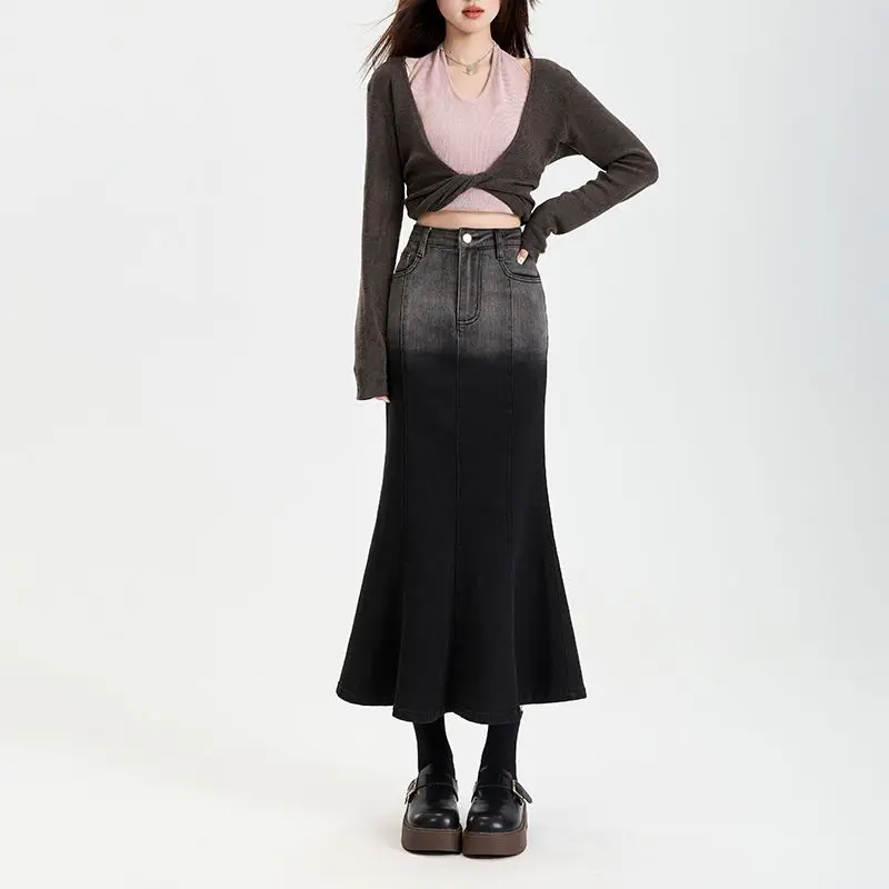 여름 드레스 빈티지 여성 여름 스커트 그라데이션 하이 웨이스트 a 라인 캐주얼 스커트 Bodycon 롱 스커트 Fishtail 여성 의류