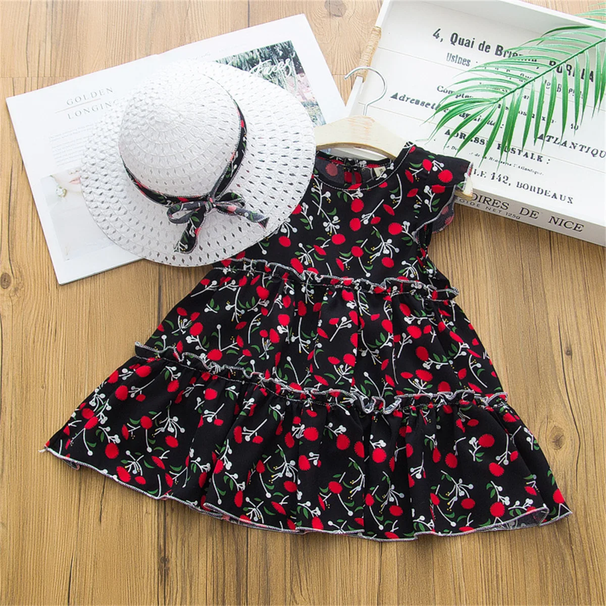 2-Piece Summer Baby Beach Skirt+Beach Hat Girl Flower Princess Chiffon Sleeveless Sweet Beauty Baby Dress