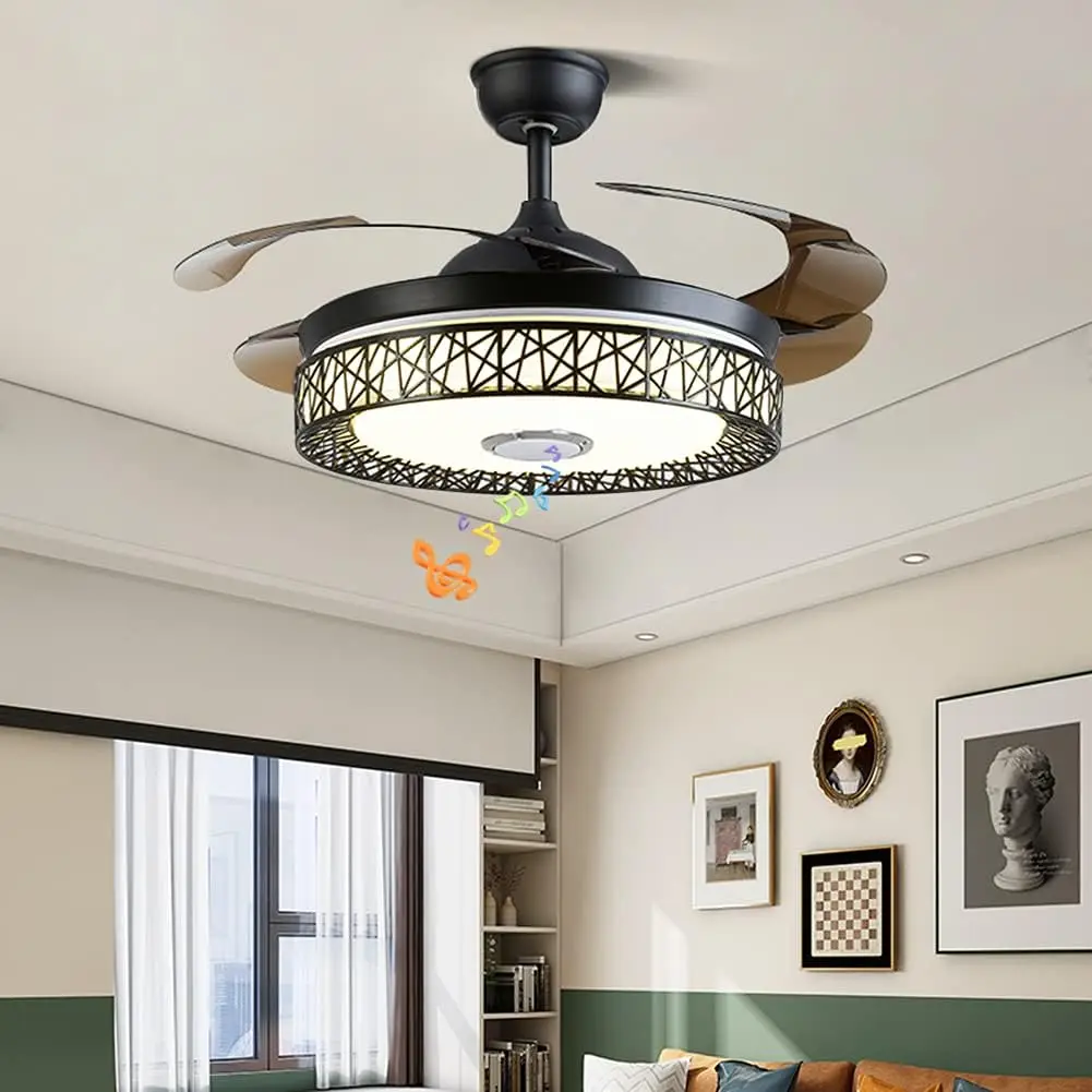 42In Smart Ceiling Fan With Light Bluetooth Speaker Retractable Blades Remote Control 3 Light Tones For Living Room Bedroom