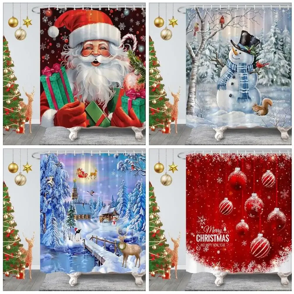 Christmas Theme Bathroom Shower Curtain Cute Cartoon Snowman Father Christmas With Lots Of Gifts Merry Christmas Bathroom Decor