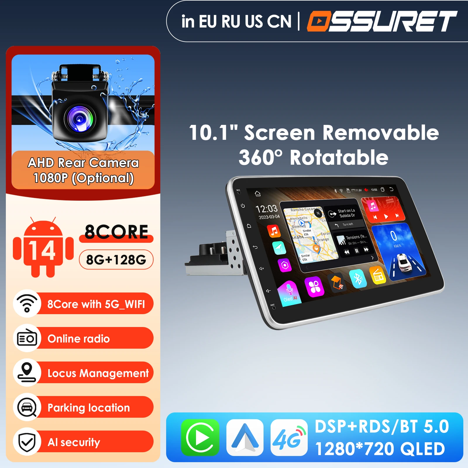 Carplay 4G DSP AI 10,33'' 360 °   Autoradio GPS ruotabile da 1 Din per lettore multimediale universale per auto Stereo 1DIN Video WIFI HeadUnit