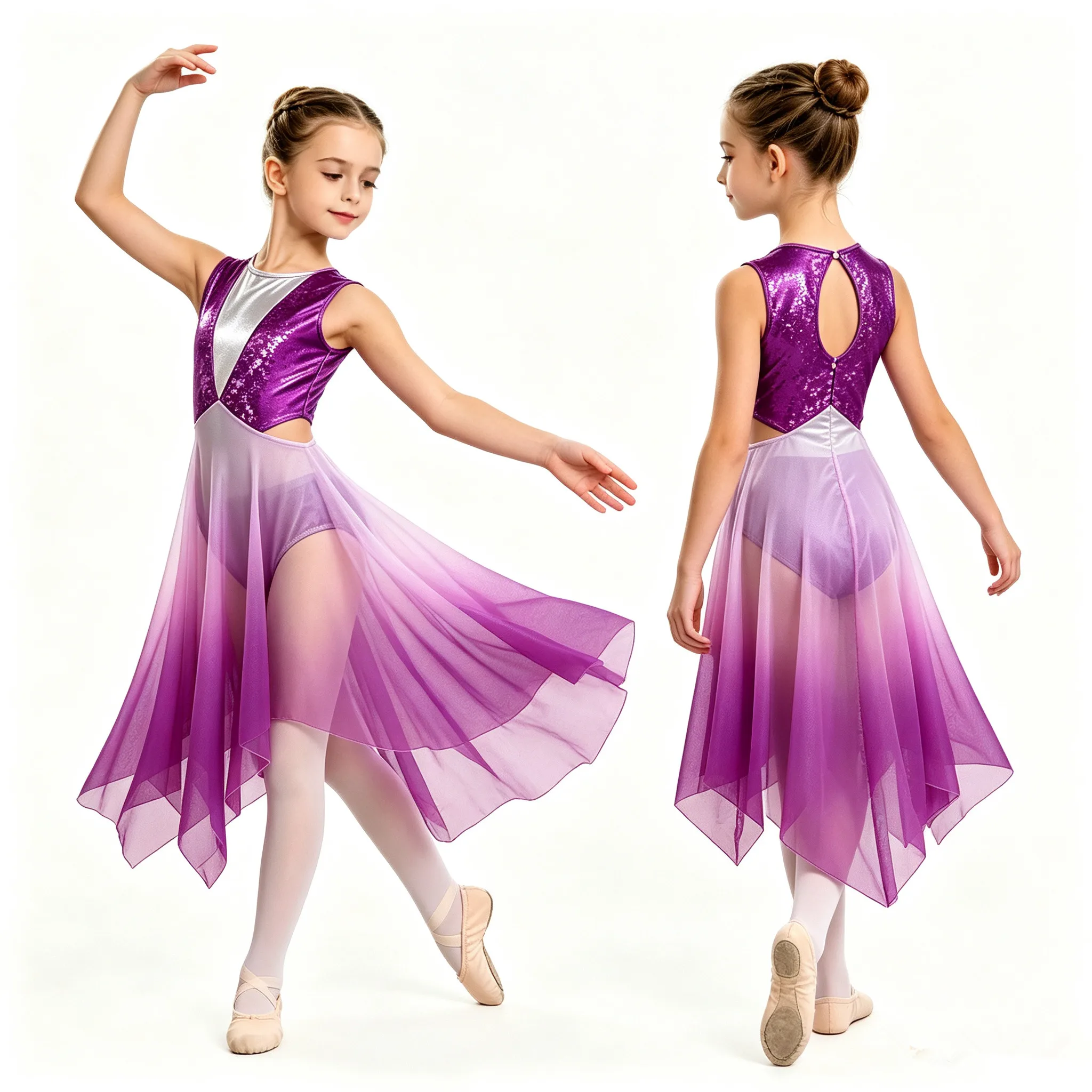 Kids Girls Praise Lyrical Dance Worship Church Choir Performance Costume Metallic Shiny Cutout Waist Sheer Mesh Leotard Dress