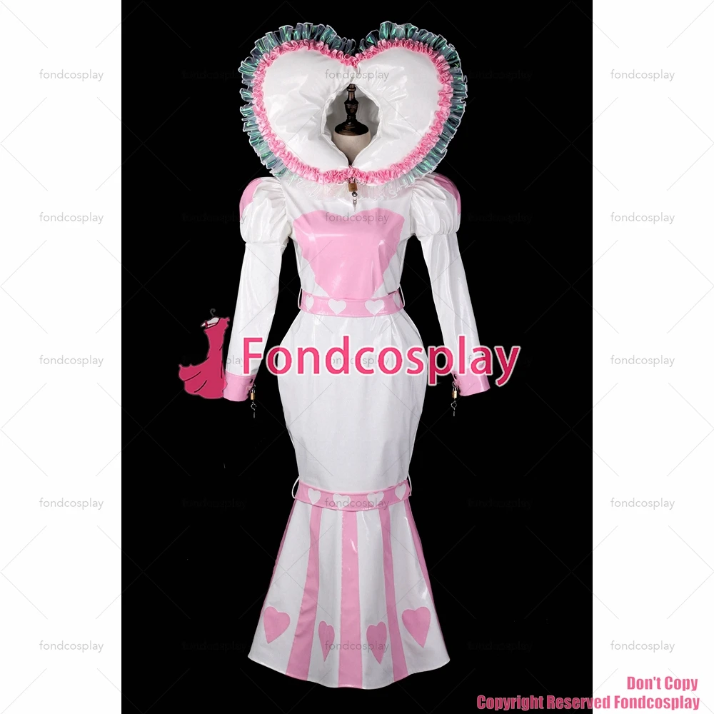 fondcosplay adult sexy cross dressing sissy maid long baby white heavy PVC dress Fishtail lockable heart hood CD/TV[G2397]