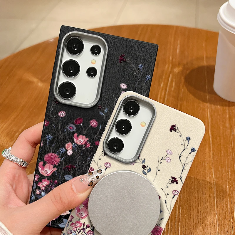 Retro Flowers Print Case For Samsung Galaxy S25 S24 S23 Ultra S22 Plus S21 S24 FE For Magsafe Wireless Charge TPU Leather Cover