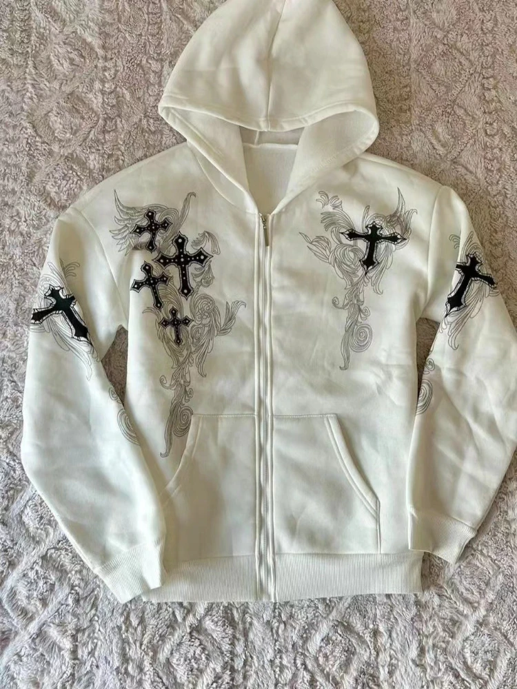 ثقافة فرعية Y2k الألفية خمر بلوزات النساء الأبيض الصليب طباعة مقنعين سترة الخريف عادية القوطية فضفاض زيبرب القمم جديد