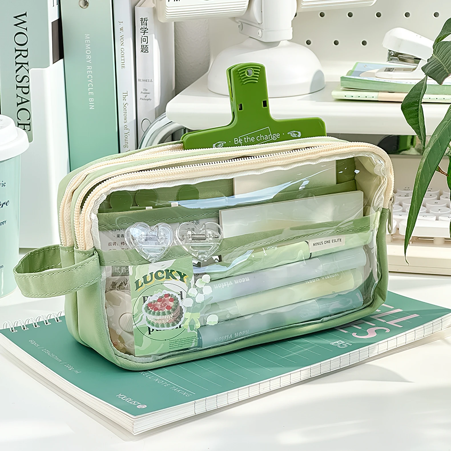 Handheld Double Layer Transparent Pencil Case Pen Bag Hitting Color Square Storage Pouch for Stationery School F7473