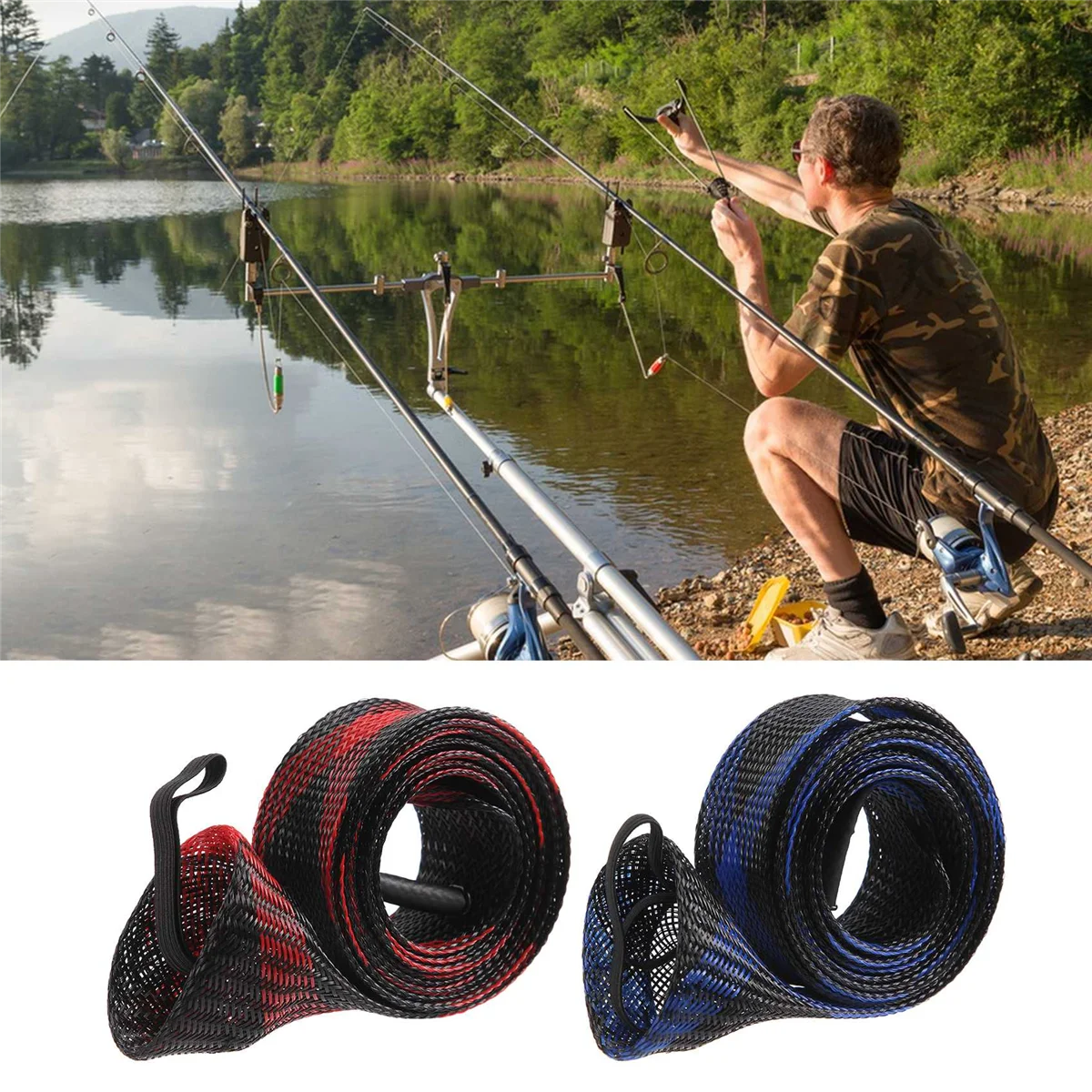 SMIEA 8Pcs Fishing Rod Sleeve Sock,Fishing Rod Cover Scalable Braided Mesh Rod Sleeve Fishing Tools Accessories with Lanyard