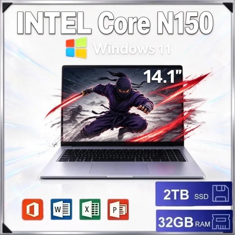 New Arrival 14.1" Notebook Intel N150 32GB RAM 2TB SSD 1920*1080 Screen Windows 11 Ultra Thin Laptop For Study & Business