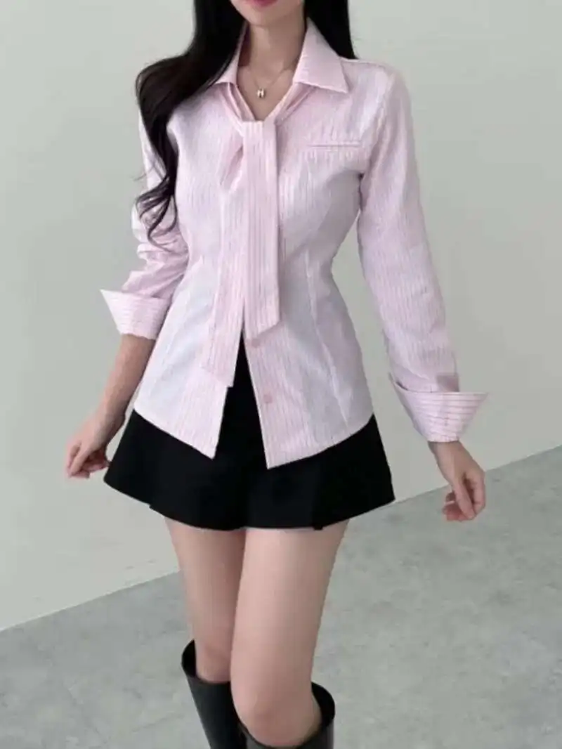 Autumn/Winter Korean Version New Lapel Lace Up Single Breasted Long Sleeve Cinching Waist Slim Casual Striped Shirt 4OR5