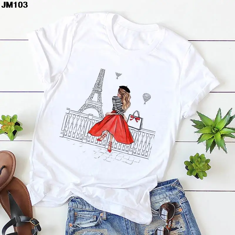 New Women\'s Eiffel Tower Beautiful Girl Print T Shirt Women Harajuku Fashion Short Sleeve Tshirt Korean Style Female Top T-shirt