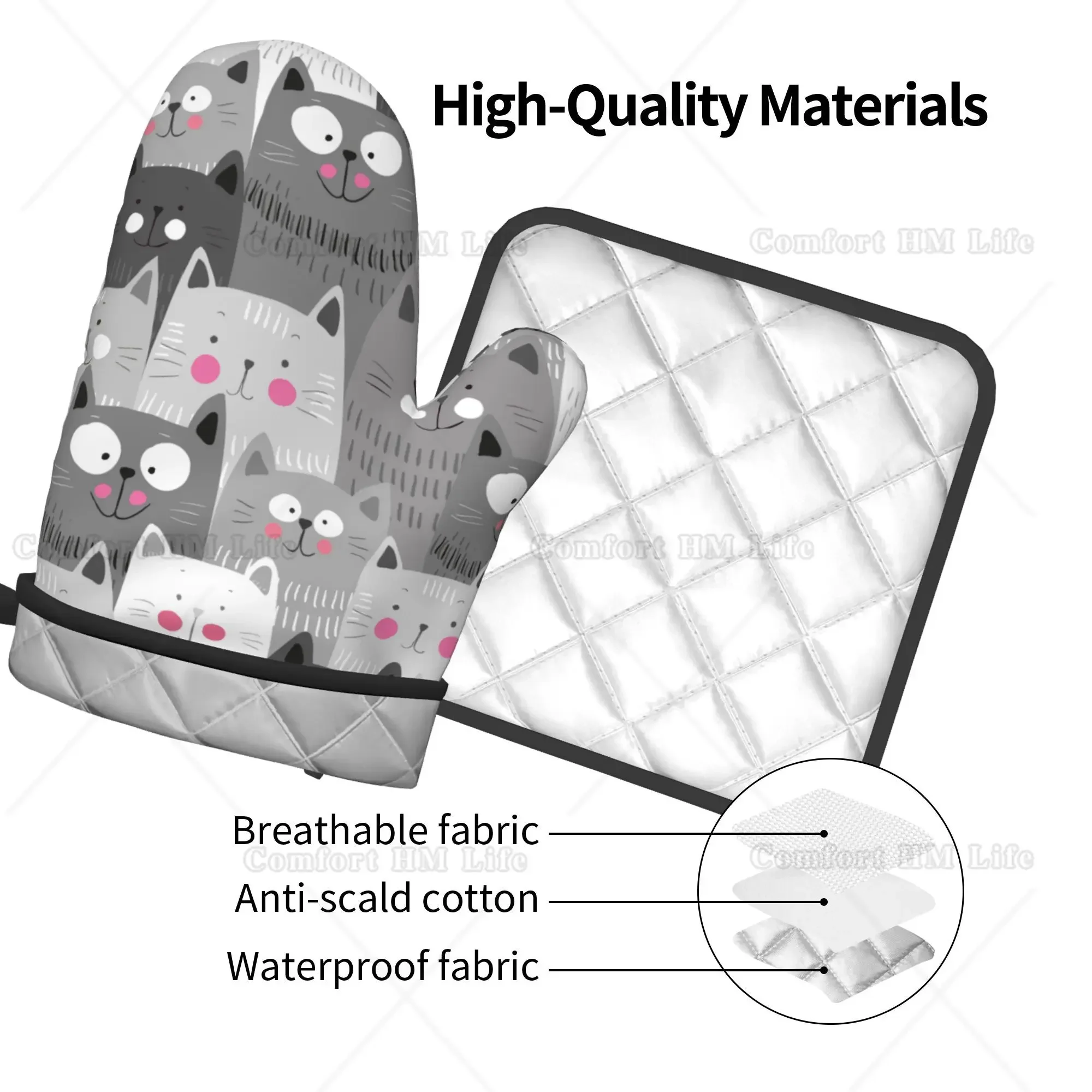 Cute Cats Oven Mitts and Pot Holders Insulated Gloves & Kitchen Counter Safe Mats for Cooking BBQ Baking Grilling 2 Pieces Set