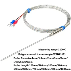 Sensor de temperatura de WRNK-191 termopar blindado tipo K, sonda de temperatura de 1mm, 1,5mm, 2mm, 3mm, 4mm, 5mm, 6mm y 8mm, 1100 ℃