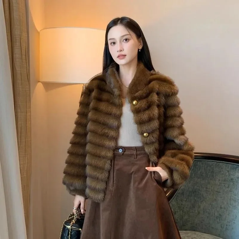 

Winter Female Fashion Short Mink Fur Coat 2025 Ladies Stand Collar Loose Faux Fur Jacket Korean Women Long Sleeves Plush Outwear