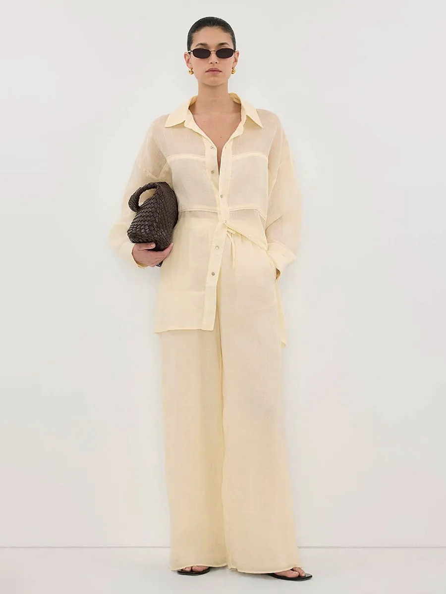 

Комплект Bornladies 2026: Новая модная коллекция для отпуска – однотонная тонкая рубашка с длинным рукавом на пуговицах и повседневные длинные брюки