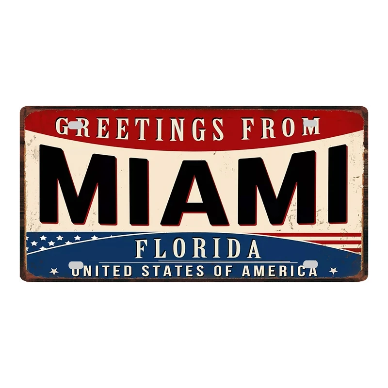 Retro Greetings From USA Plate Miami Florida Metal Tin Plaque Wall Art Home Decor Man Cave Garage Unique Gift 6x12 Inch KL-0460A