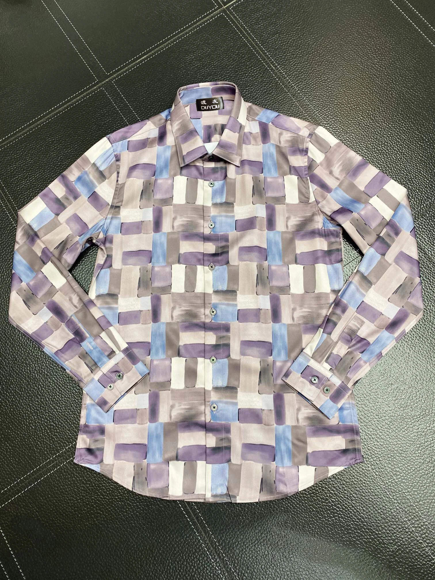 Men's Shirt Slim Fit Flex Collar Stretch With Contrasting Squares Print Men Dress Shirts Button-Down Work Cotton Tops  300