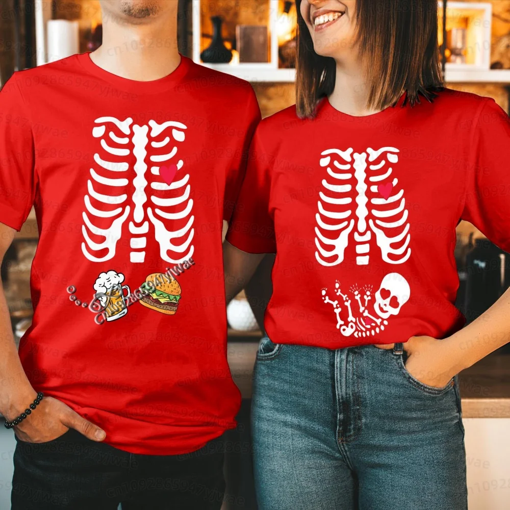 2026 Herren Halloween Skelett Schwangerschafts-Baby Halloween T-Shirt Totenkopf-Knochen-Druck Kurzarm Damen Herren Halloween Paar T-Shirt – Detail 28