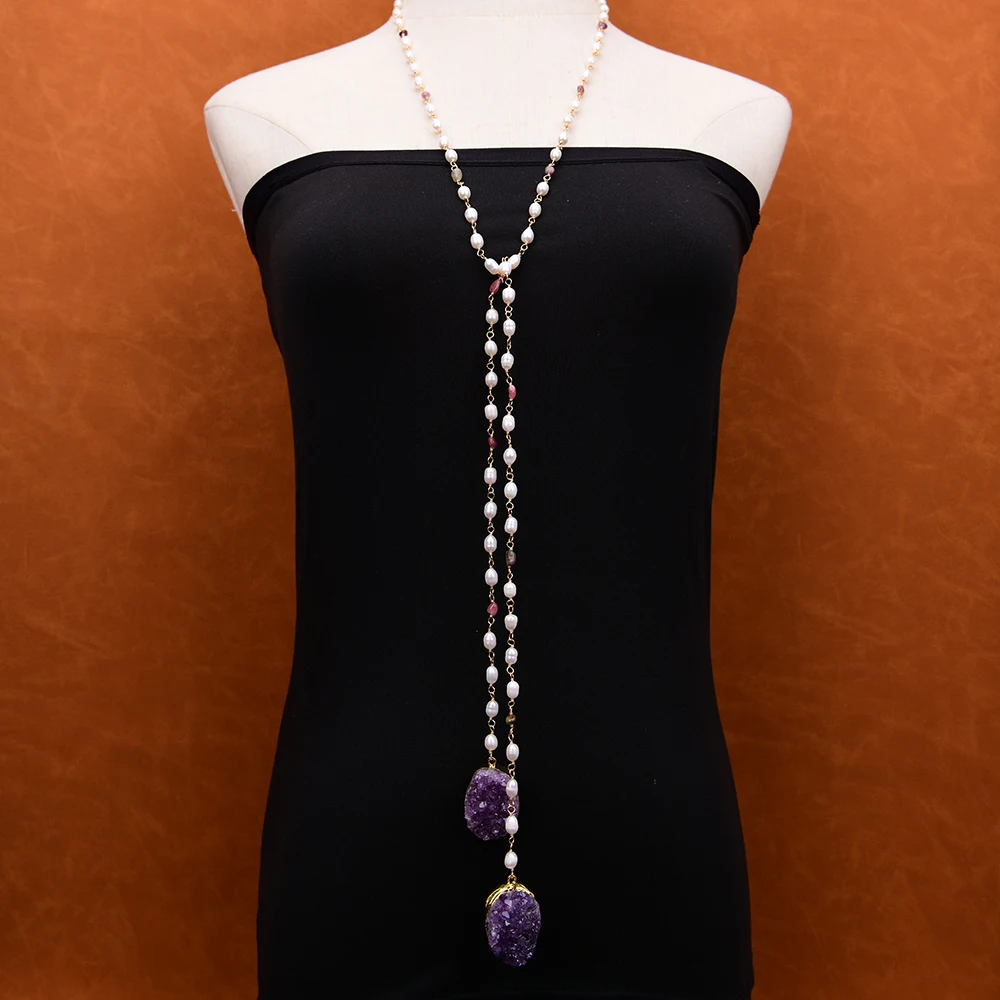 G-G 51'' Cultured White Rice Pearl Tourmaline Stone Chain Necklace Gold Edge Plated Amethyst Quartz Rough Pendant Lady Gifts