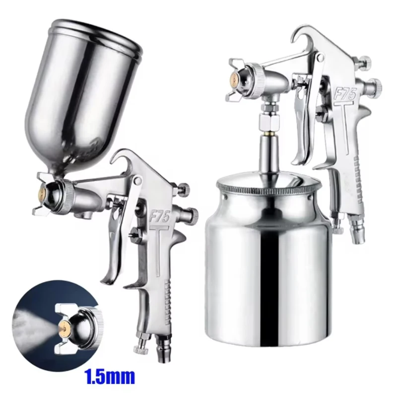 1.5mm nozzle F-75 spray gun cup silver handle adjustable color spray gun, suitable for auto furniture parts painting