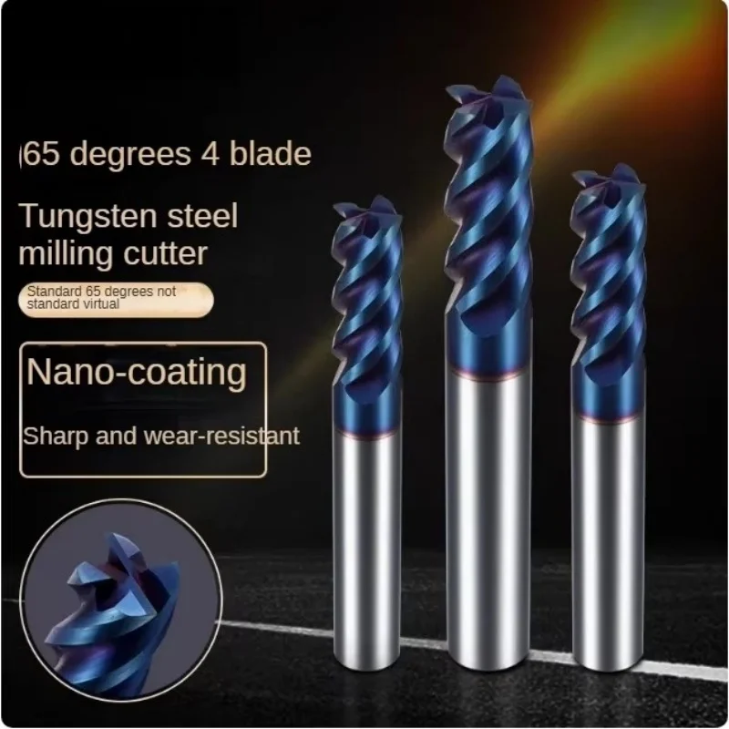 65 Degree Tungsten Steel Milling Cutter, 4-Blade Stainless Steel Special Flat Bottom Milling Cutter Coating, CNC Extended Cutter