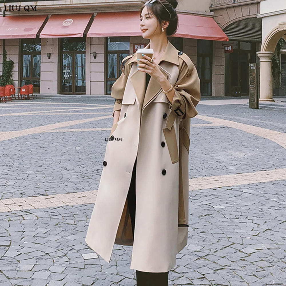 

Korean Medium Length Trench Coats England Loose Women Spring Autumn windbreaker Overcoat Splicing Double Breasted Outwears 2023