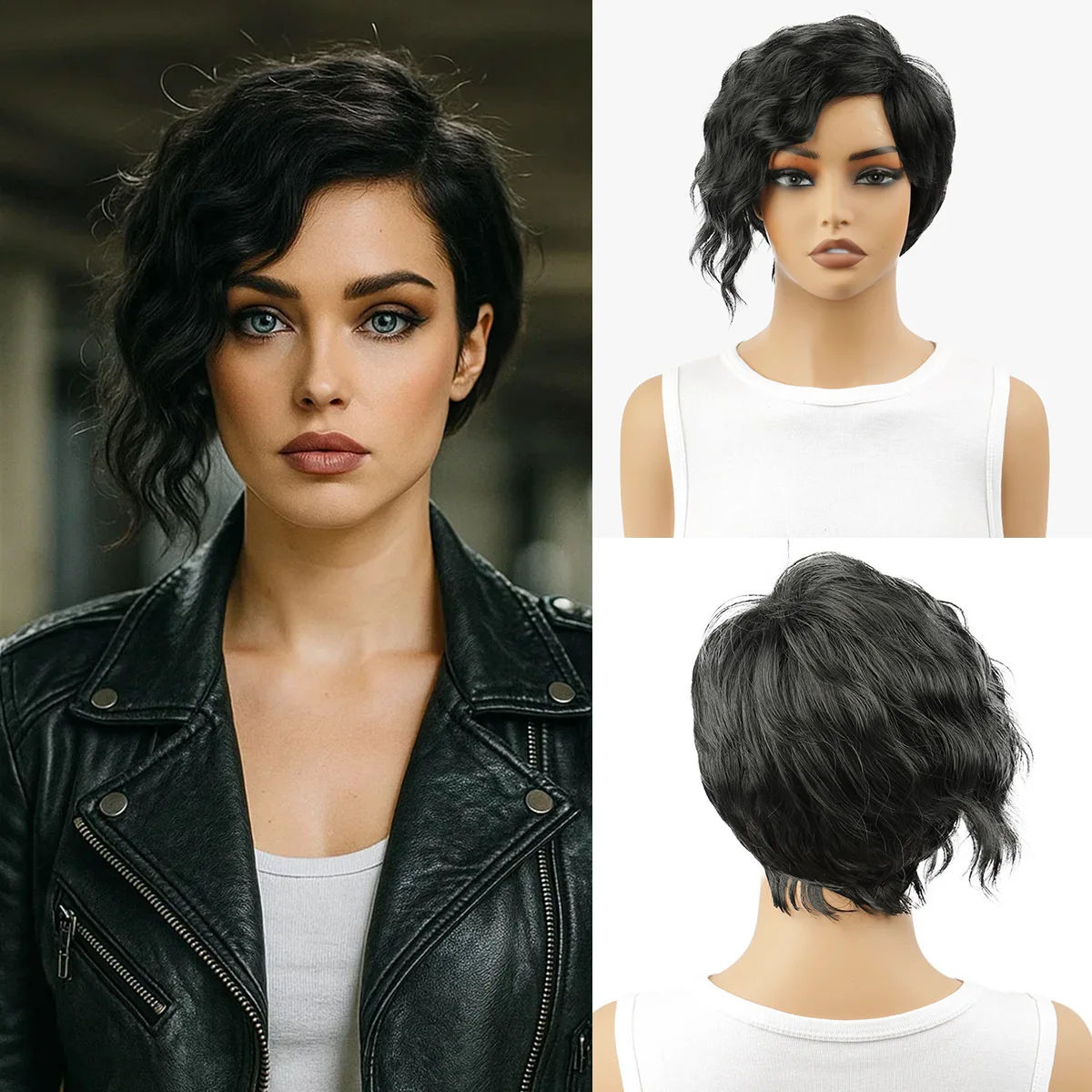 

Short Curly Wigs for Women Natural Looking Black Curly Wavy Wigs with Bang Side Part Synthetic Short Hair Asymmetrical Wig 99J