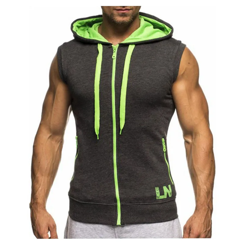 2023 Men Sleeveless Tank Tops Bodybuilding Hoodie Tops Workout Solid Slim Vest Camiseta Casual Hooded Sweatshirt Vests MY359