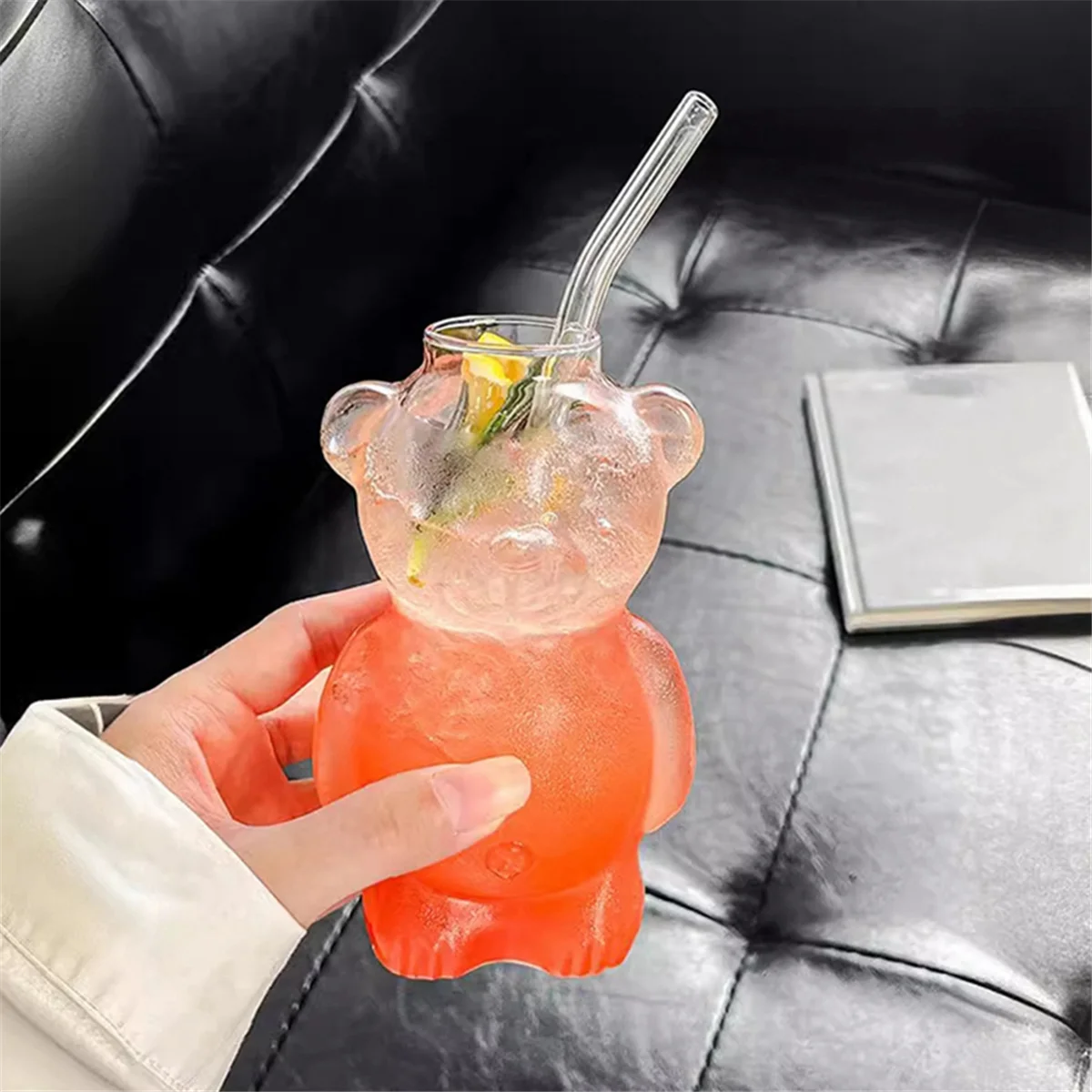 DQ2G 2 قطعة كوب الدب على الانترنت المشاهير مطعم فنجان القهوة لطيف الكرتون كوب ماء زجاجي مع مجموعة عائلة القش