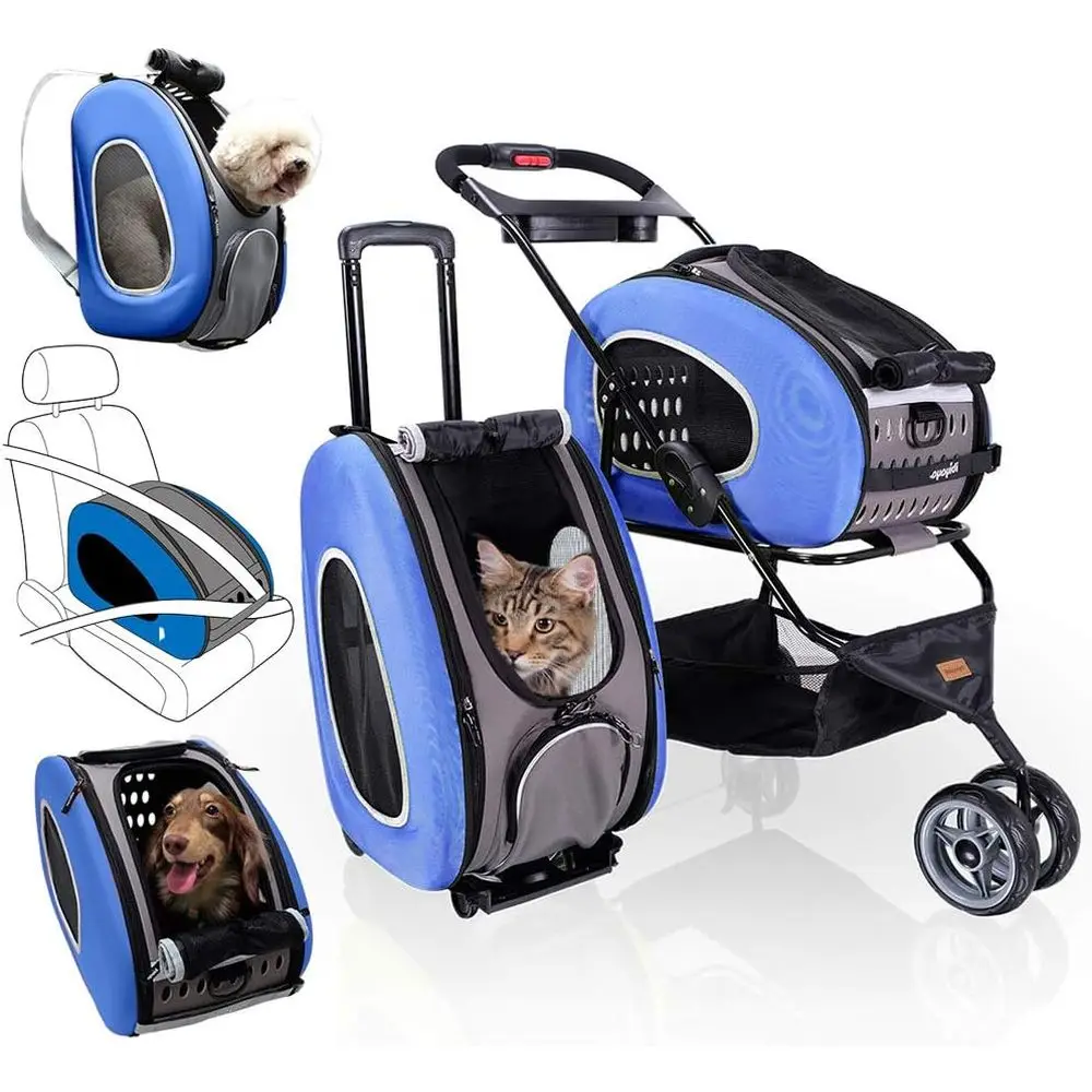 

5-in-1 with Backpack, Stroller, Shoulder Strap, Carriers with Wheels or Dogs and Cats - Blue