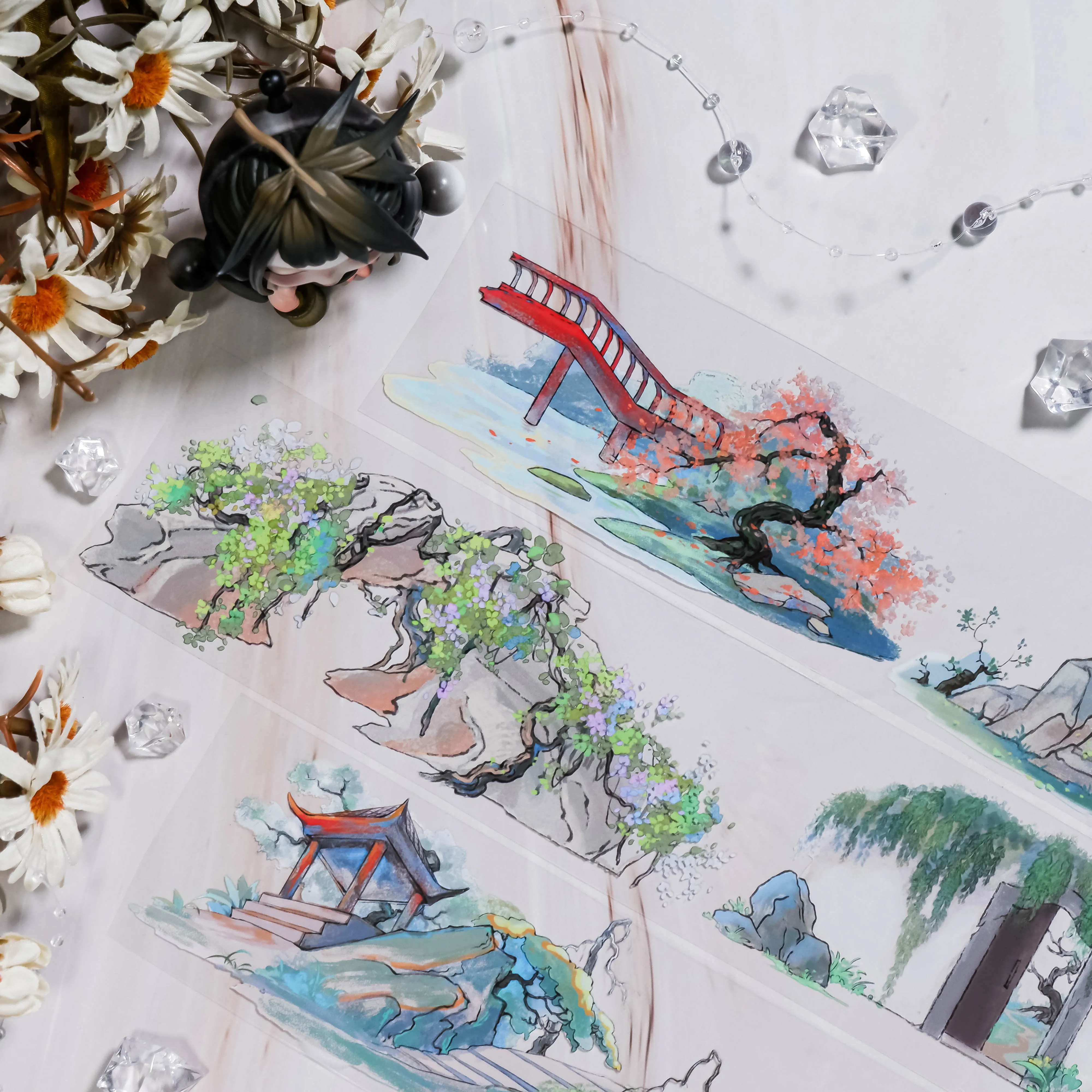 DXJ Nastro primaverile da giardino PET Inchiostro bianco, Quaderno Guofeng per stagno di alberi morti con ponte paesaggistico da giardino