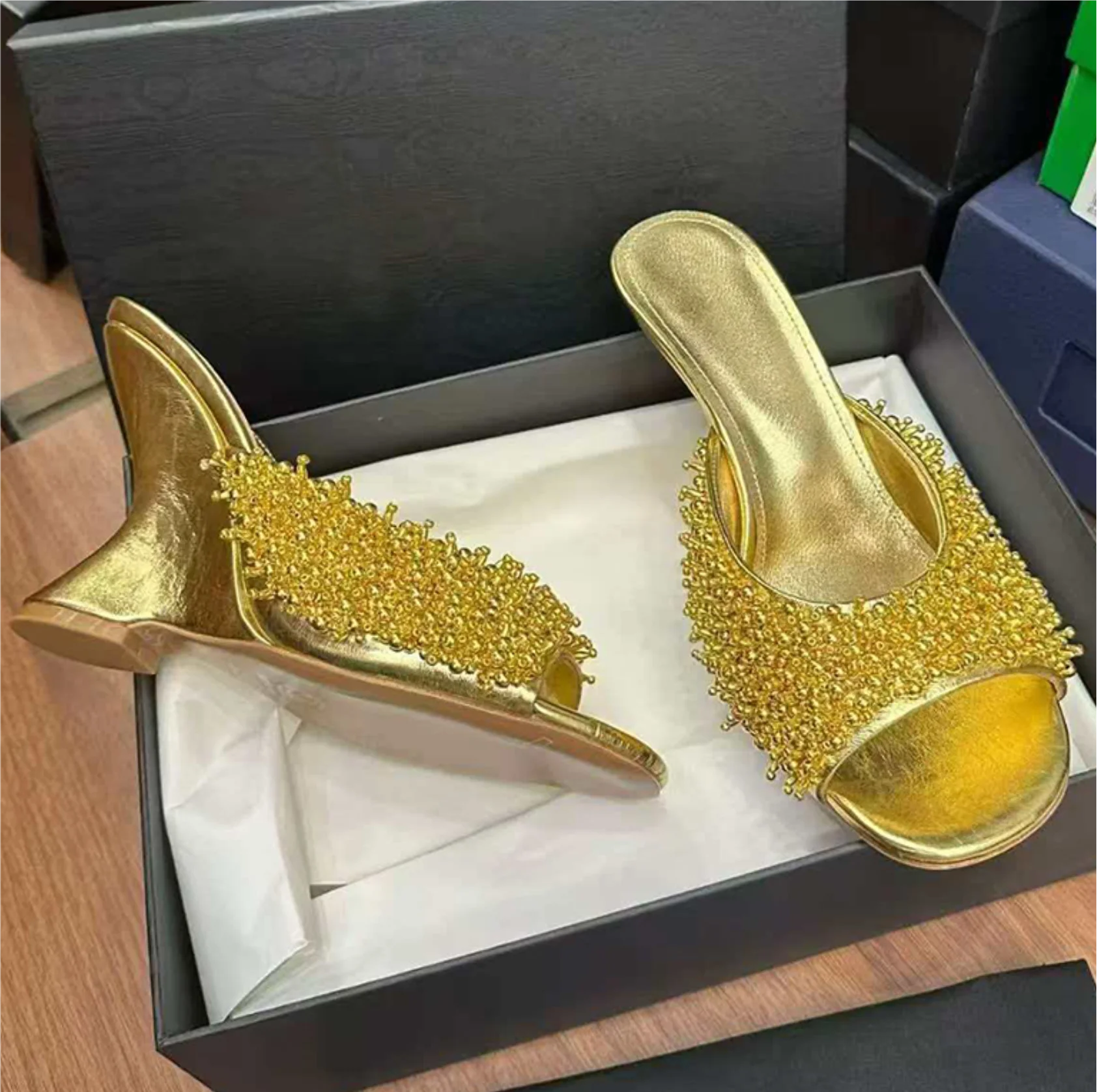 Summer Sexy Gold Silver Leather Wedge High Heels Slippers Women Open Toe Beaded Designer Crystal Party Wedding Shoes For Women view 6